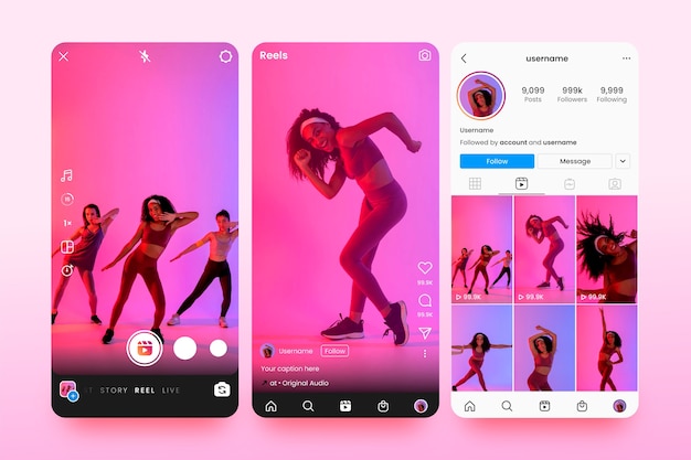 Vector conjunto de interfaz de carretes de instagram degradado