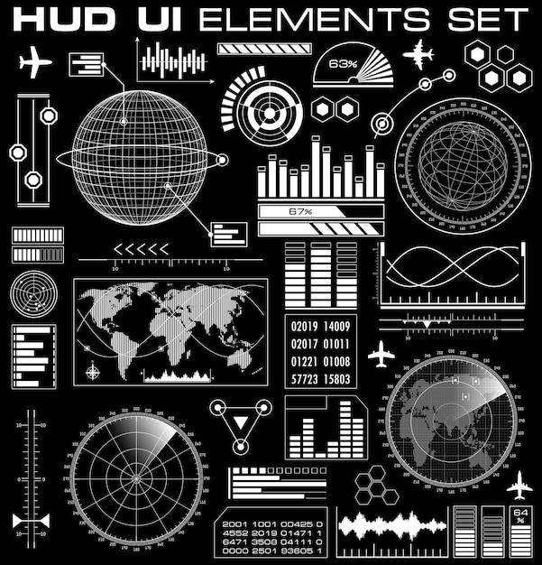 Conjunto de interfaz gráfica de usuario futurista HUD. Elementos de interfaz de usuario de diseño infográfico y pantallas de radar. Cabeza arriba ilustración vectorial de visualización.