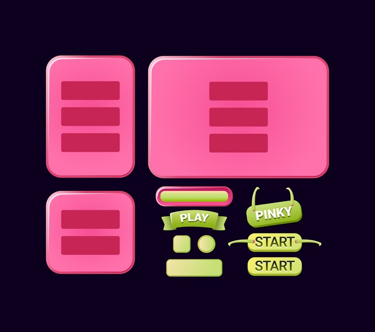 Vector conjunto de interfaz de plantilla emergente de tablero de interfaz de usuario de juego meñique divertido para elementos de activos de interfaz gráfica