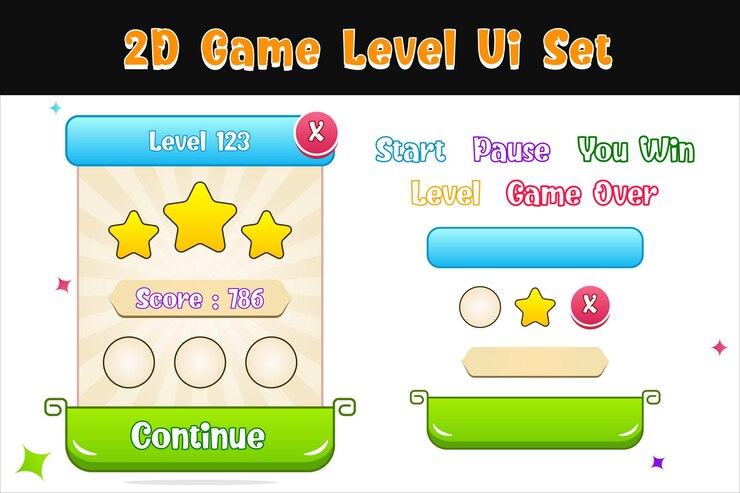 Vector conjunto de interfaz de usuario del juego un menú completo de interfaz gráfica de usuario para crear juegos en 2d juego informal premium