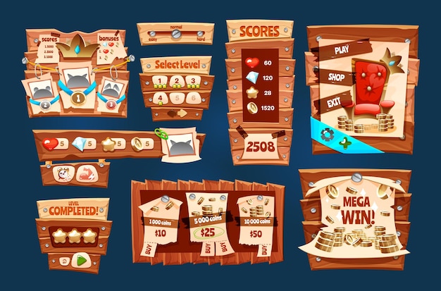 Conjunto de interfaz de usuario de tablero de madera de elementos de juego. Panel de kit creativo mega win de la aplicación del tablero de juegos del ciberespacio. Menú de juego en línea con puntajes, bonificaciones y botones de dibujos animados.