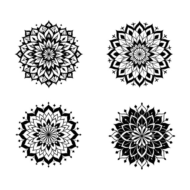 Conjunto de intrincados diseños artísticos de línea de mandala en blanco y negro