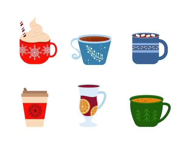 Conjunto de invierno con bebidas calientes Ilustración vectorial Bebidas de invierno y otoño en diferentes tazas