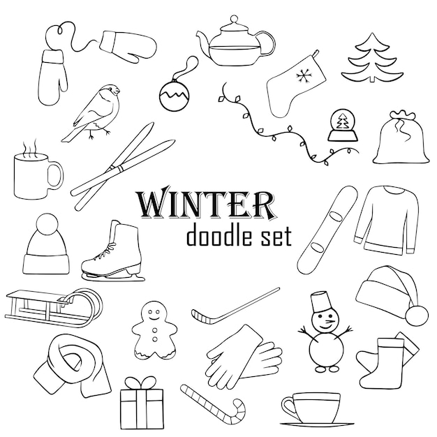 Vector conjunto de invierno en blanco y negro garabatos iconos de entretenimiento de invierno dibujo a mano