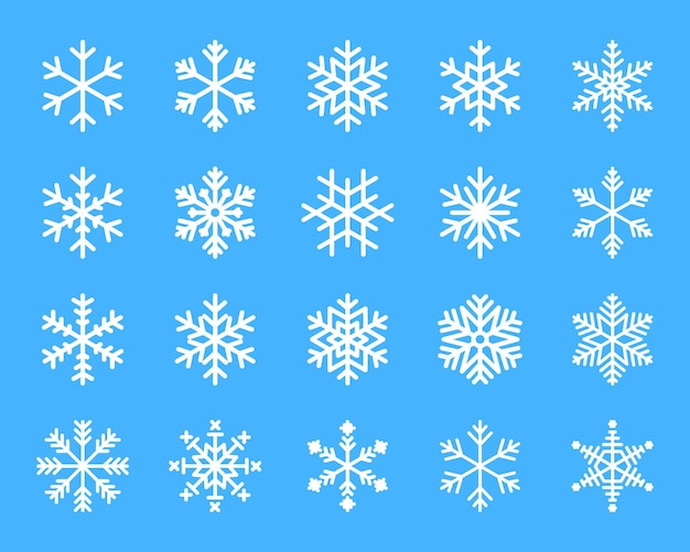 Vector conjunto de invierno de copo de nieve de silueta de icono blanco aislado sobre fondo azul. ilustración vectorial.