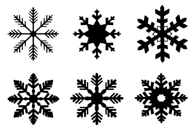 conjunto de invierno de copo de nieve de silueta negra sobre fondo blanco