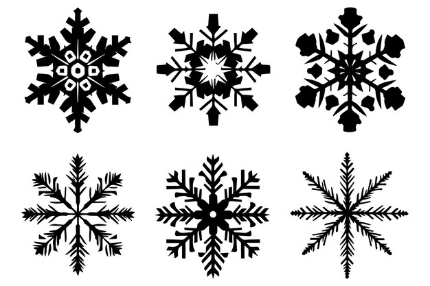 conjunto de invierno de copo de nieve de silueta negra sobre fondo blanco
