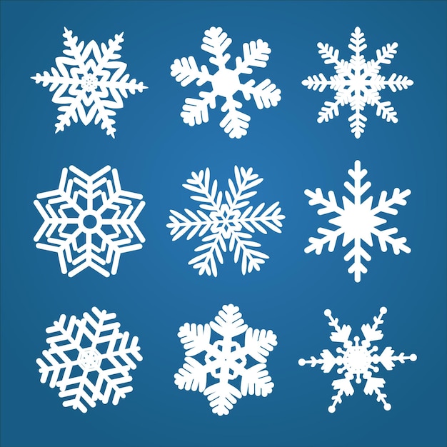 Conjunto de invierno de copos de nieve de vector de siluetas de icono blanco aislado sobre fondo azul