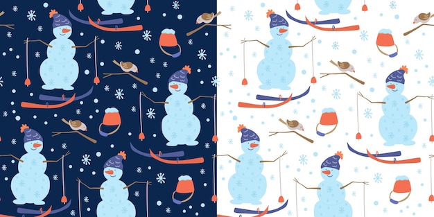 Conjunto de invierno con dos patrones sin fisuras con muñecos de nieve y skiis