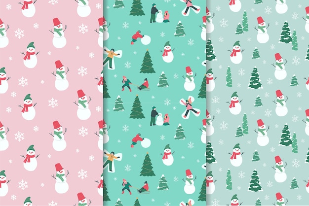 Conjunto de invierno Navidad vacaciones hombre de nieve árboles vector patrón sin costuras