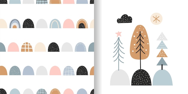 Conjunto de invierno con tarjeta de felicitación de fondo de papel tapiz de papel de regalo de niños de patrones sin fisuras de arco iris