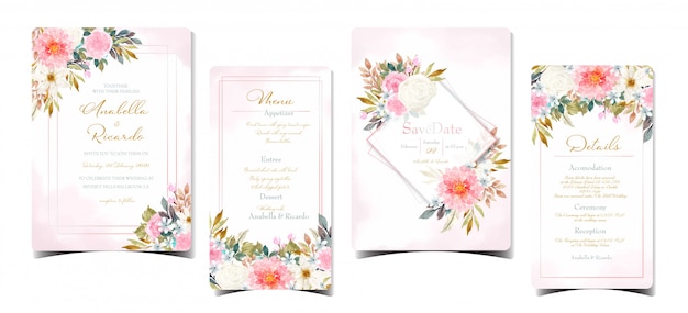 conjunto de invitación de boda abstracta con flores de colores