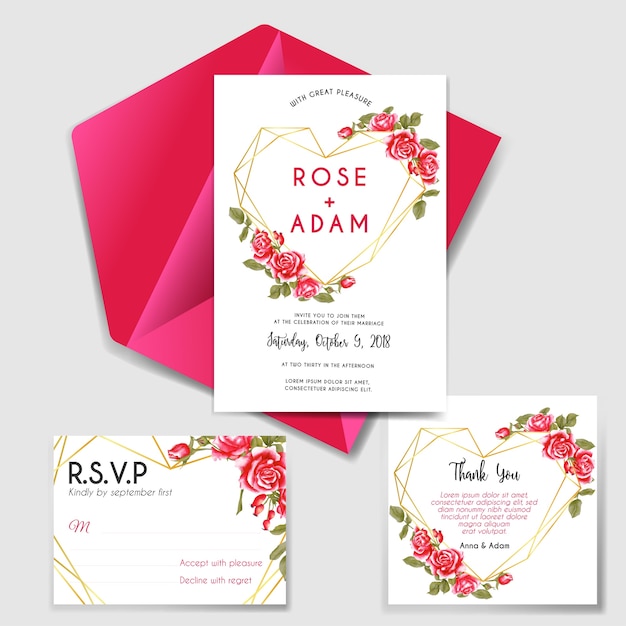 Conjunto de invitación de boda con amor geométrico rosa rojo.