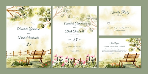 Conjunto de invitación de boda con banco de jardín de acuarela y floral.