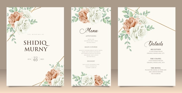 Conjunto de invitación de boda diseño de tarjeta de detalles de menú floral