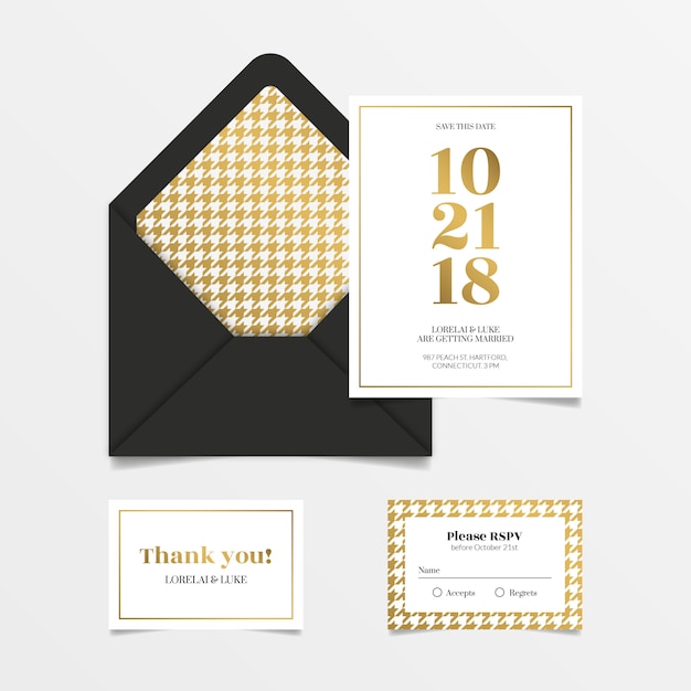 Vector conjunto de invitación de boda elegante oro y negro