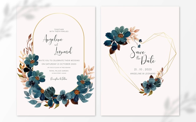 Conjunto de invitación de boda floral de acuarela azul índigo rústico