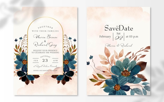 Conjunto de invitación de boda floral de acuarela de flor azul índigo rústico magnífico