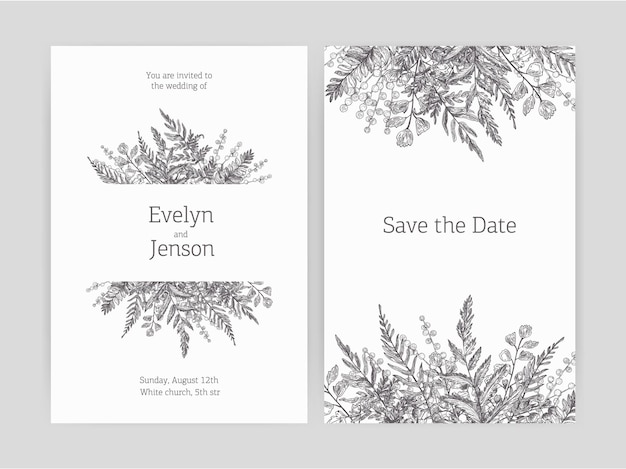 Conjunto de invitación de boda floral y plantillas de tarjeta Save The Date decoradas con helechos forestales y plantas herbáceas silvestres dibujadas con curvas de nivel sobre fondo blanco. Ilustración de vector monocromo.