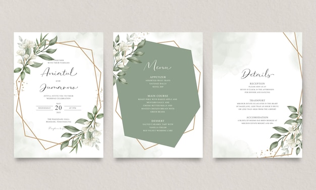 Conjunto de invitación de boda con flores y hojas verdes.