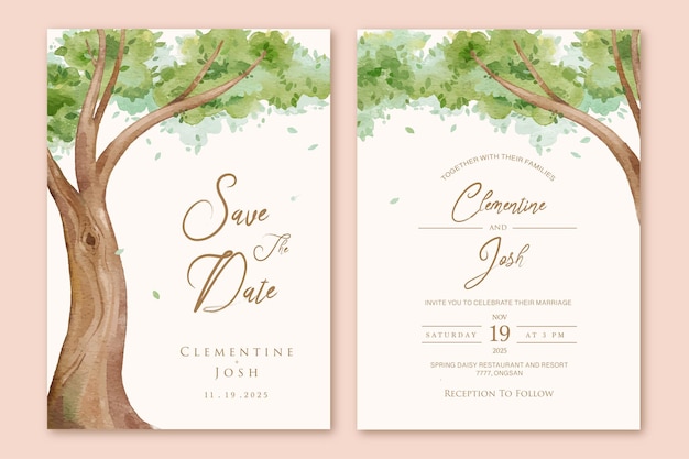 Conjunto de invitación de boda con fondo de acuarela gran árbol