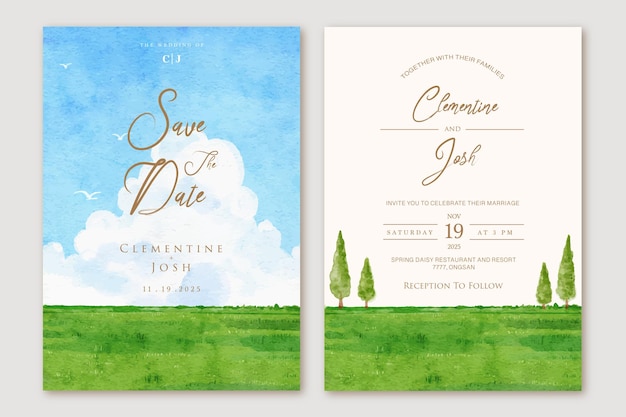 Conjunto de invitación de boda de fondo de paisaje de nube grande de cielo azul acuarela