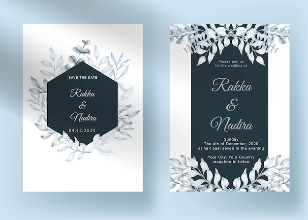 Vector conjunto de invitación de boda forma moderna con vegetación hoja de pastel de acuarela