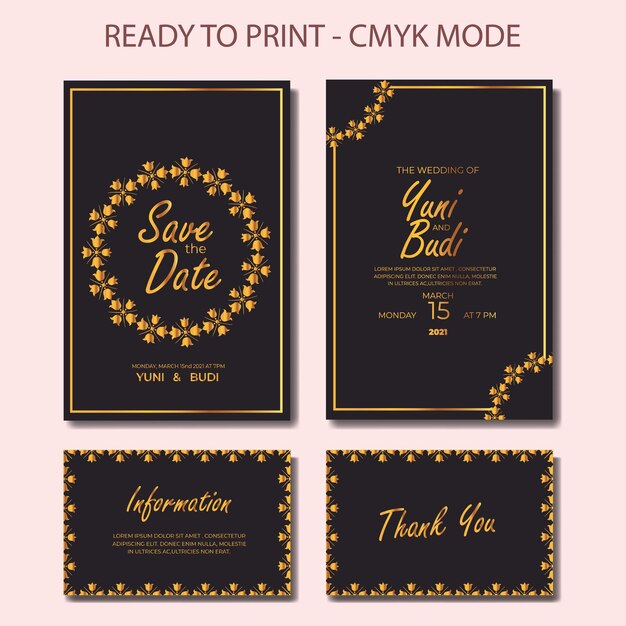 Conjunto de invitación de boda de lujo dorado elegante moderno