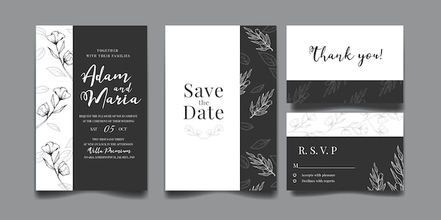 Vector conjunto de invitación de boda de lujo moderno contorno floral dibujado a mano