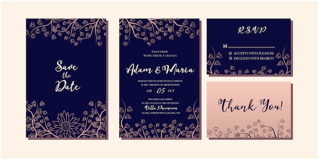 Vector conjunto de invitación de boda de lujo de oro rosa floral moderno