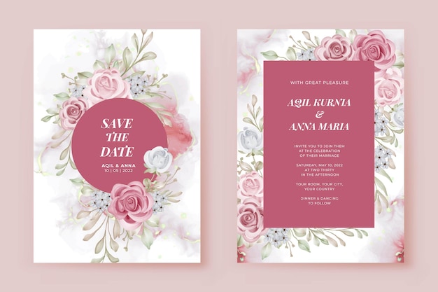 Conjunto de invitación de boda romántica plantilla de flor rosa rosa