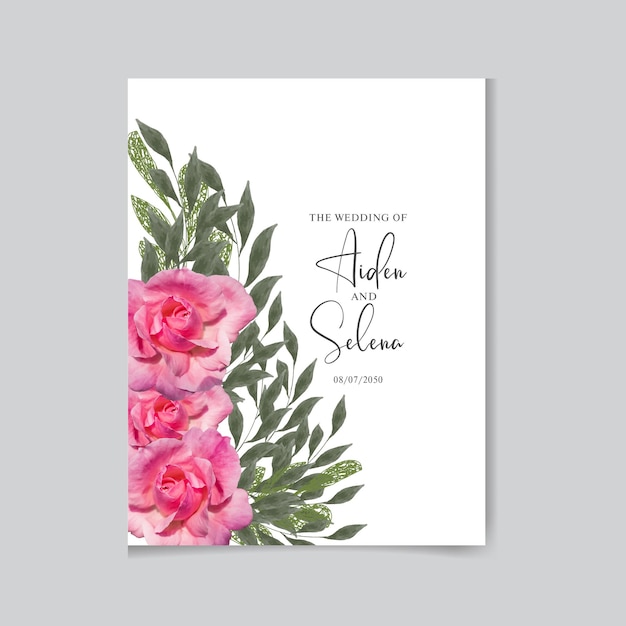 Conjunto de invitación de boda romántica plantilla de flor rosa