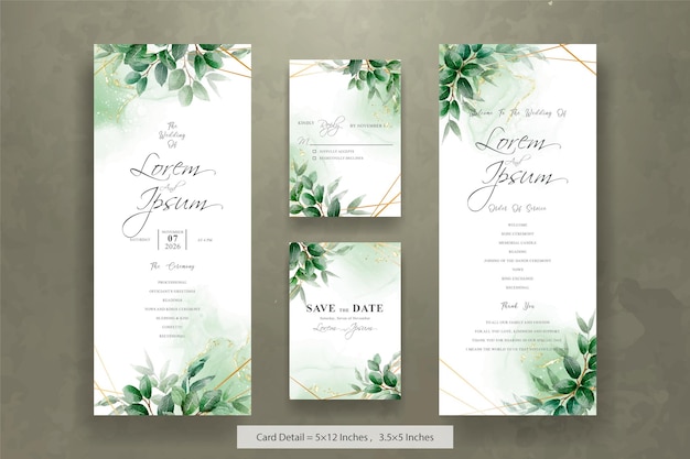 Vector conjunto de invitación de boda verde con marco de follaje hexagonal