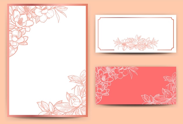 Conjunto de invitación floral y tarjetas de felicitación Magnolias rosas dibujadas a mano Plantillas vectoriales