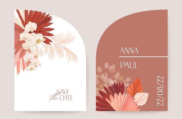 Conjunto de invitación de vector de boda Art Deco minimalista moderno. Orquídea boho, hierba de la pampa, plantilla de tarjeta lunaria. Flores tropicales, cartel de hojas de palma, marco floral. Ahorre la fecha de diseño de moda, folleto de lujo.