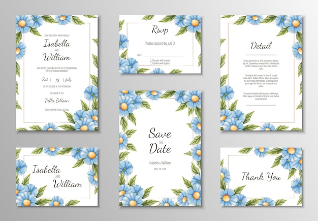 Conjunto de invitaciones de banners de plantillas de boda para las vacacionesHermosa decoración de postal con flor azul