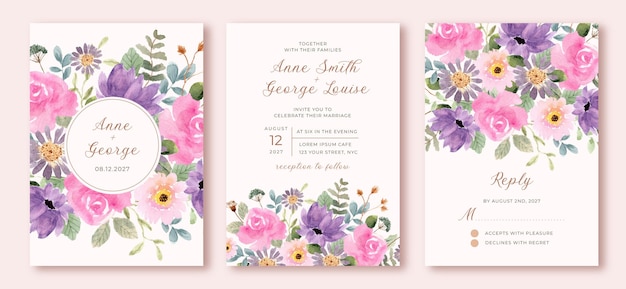 Vector conjunto de invitaciones de boda con acuarela floral rosa púrpura