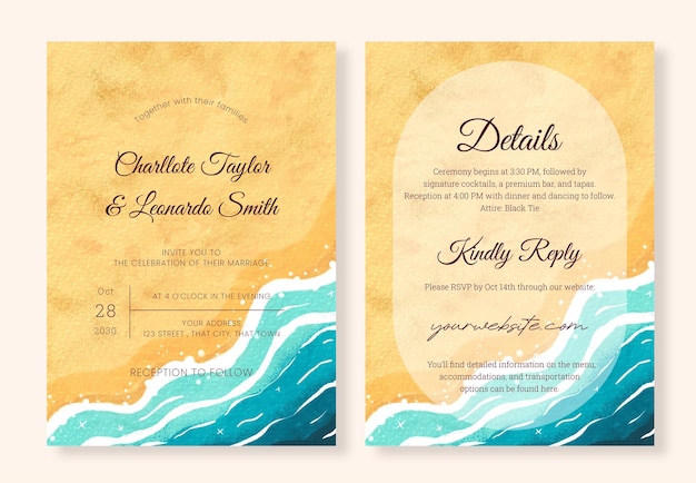 Conjunto de invitaciones de boda con elegante acuarela de playa onda estilo natural y caprichoso