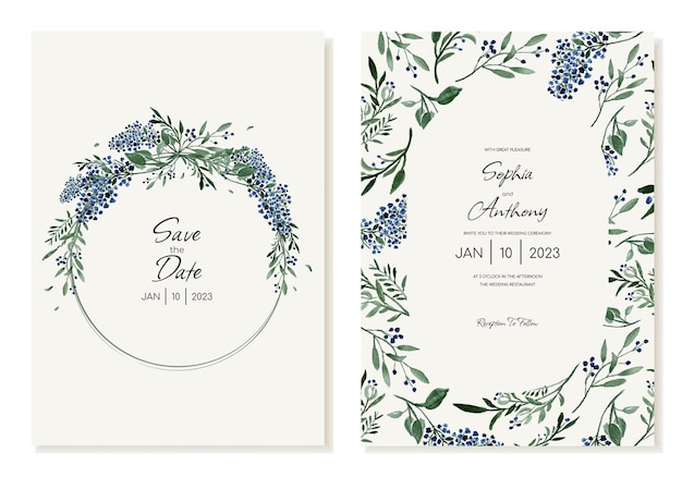 Conjunto de invitaciones de boda rústicas con campo de acuarela flores azules y hojas plantilla vectorial