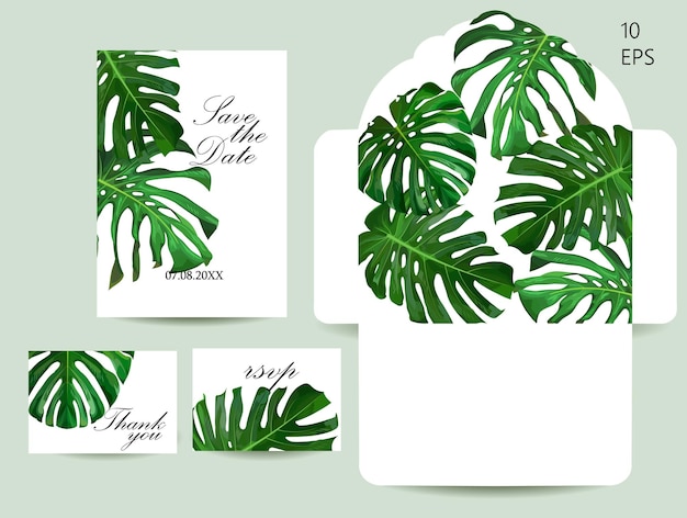 Conjunto de invitaciones de boda y sobre con hojas de monstera