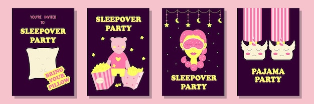 Vector conjunto de invitaciones o carteles para fiestas de pijama fiestas temáticas de soltera o fiestas de cumpleaños ilustración vectorial