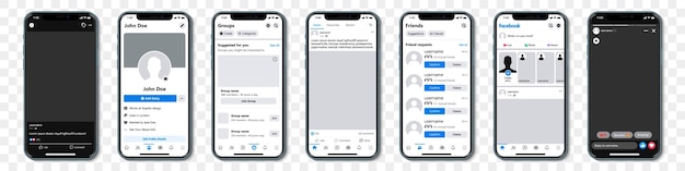 Conjunto de Iphones azules con marco de plantilla para red social sobre un fondo transparente