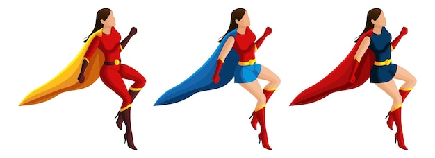 Vector conjunto de isometría de chicas superhéroes en trajes que vuelan corriendo al rescate personajes 3d héroes rescatadores