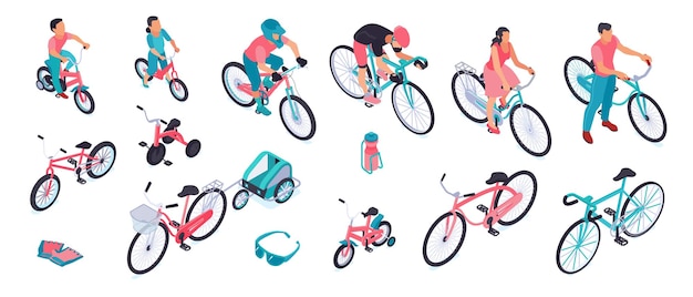 Conjunto isométrico de bicicletas con remolques de bicicletas para niños de la ciudad deportiva para herramientas de accesorios de carga para mascotas infantiles ilustración vectorial