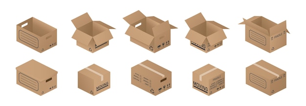 Conjunto isométrico de cajas de cartón Embalaje de entrega de cartón caja abierta y cerrada con señales de envío