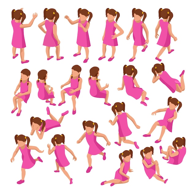 Conjunto isométrico de chicas en diferentes poses, puestos, carreras, mentiras y otros sobre fondo blanco. Conjunto de constructores o kit de creación.