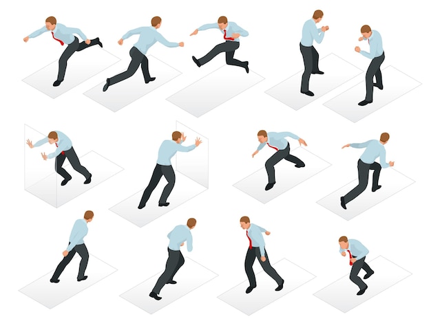 Conjunto isométrico de diseño de personajes de Businessman. Hombre de negocios isométrico de personas 3D en diferentes poses aisladas. Trabajando en la oficina.