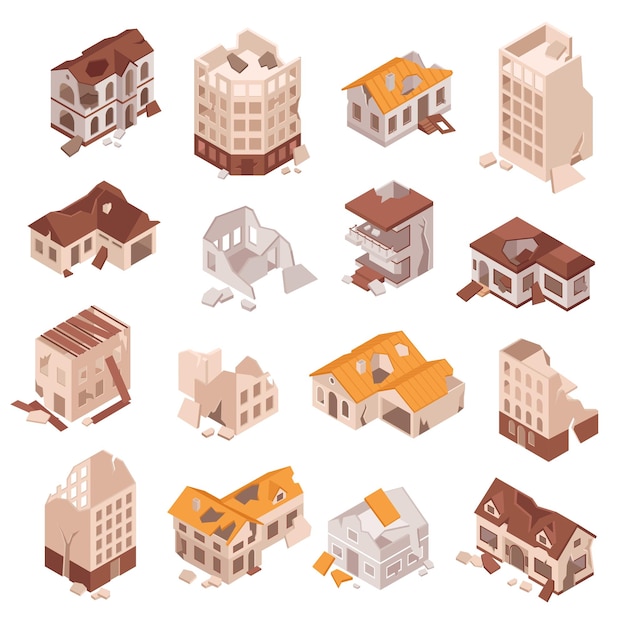 Conjunto isométrico de edificios urbanos de varios pisos rotos y en ruinas después de un terremoto o ilustración vectorial aislada de guerra