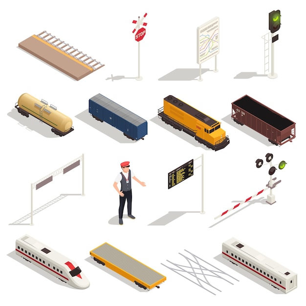 Conjunto isométrico de la estación de tren con íconos aislados de locomotoras de vagones y elementos de ilustración vectorial de infraestructura ferroviaria