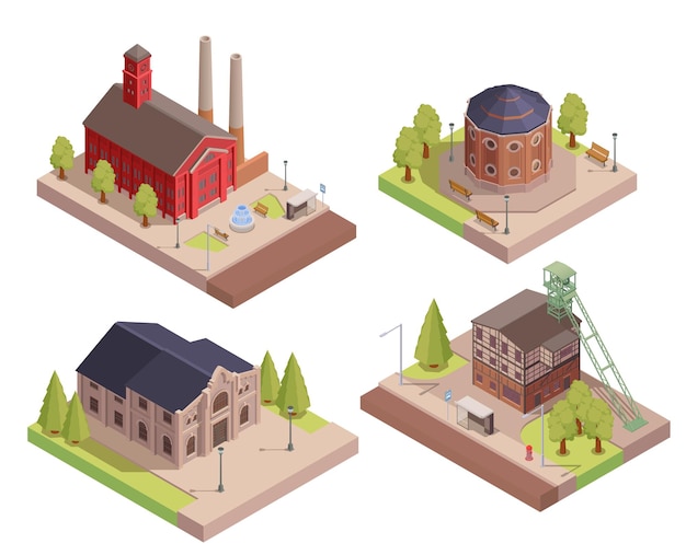 Conjunto isométrico de fábricas industriales de estilo retro y otros edificios aislados ilustración vectorial